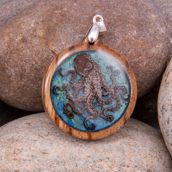 Handcrafted Bespoke Octavius Octopus Pendant; set in hand-turned Zebrano wood.| Jabbawocky Crafts (jabbawockycrafts.co.uk)